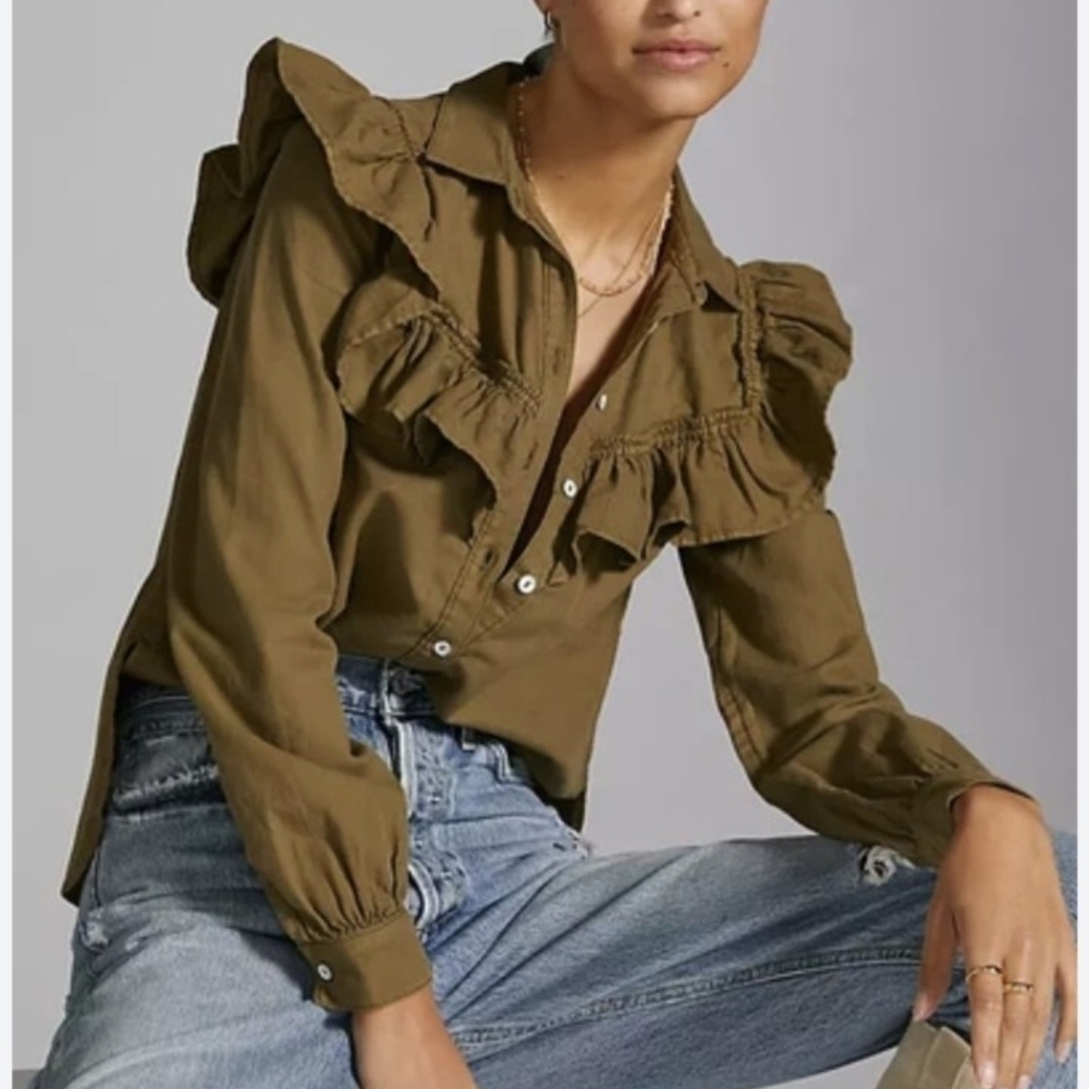 Pilcro Olive Green Cotton Ruffle Button Up Shirt Sz XS